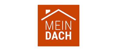 Ratscheck Logo von "MEIN DACH" auf orangefarbenem Hintergrund, mit stilisiertem Dachsymbol über dem Schriftzug.